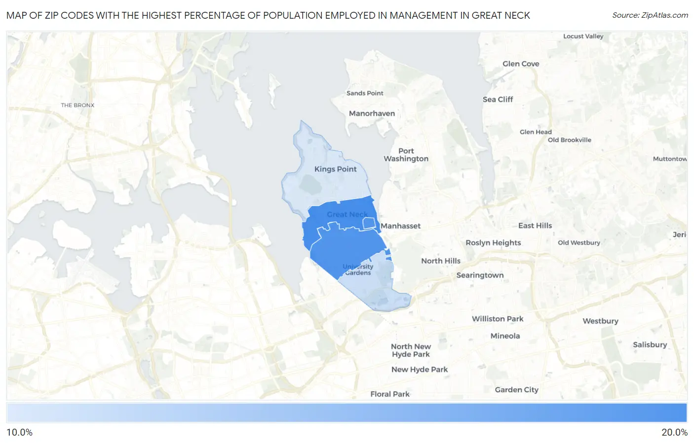 Zip Codes with the Highest Percentage of Population Employed in Management in Great Neck Map