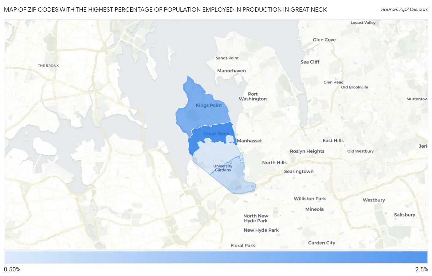 Zip Codes with the Highest Percentage of Population Employed in Production in Great Neck Map