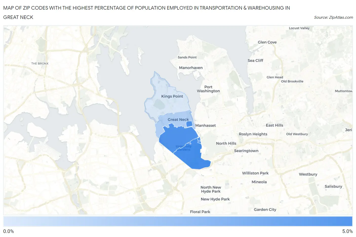Zip Codes with the Highest Percentage of Population Employed in Transportation & Warehousing in Great Neck Map