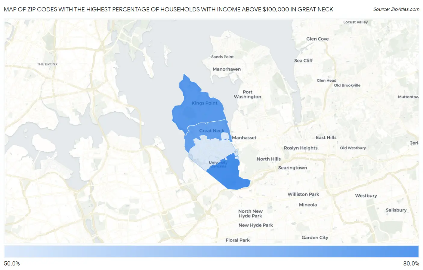 Zip Codes with the Highest Percentage of Households with Income Above $100,000 in Great Neck Map