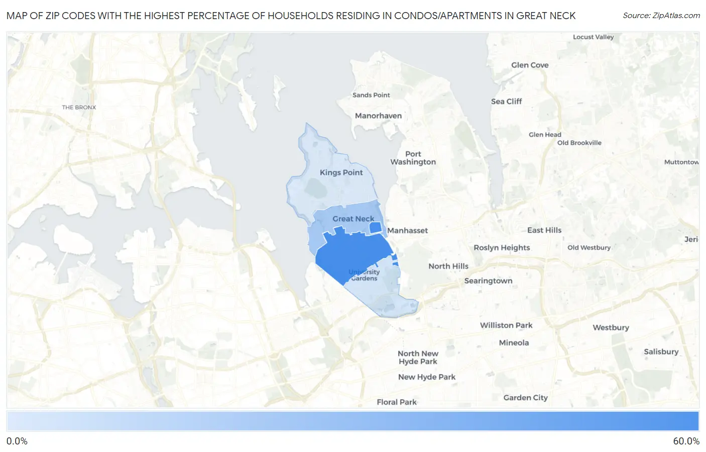 Zip Codes with the Highest Percentage of Households Residing in Condos/Apartments in Great Neck Map