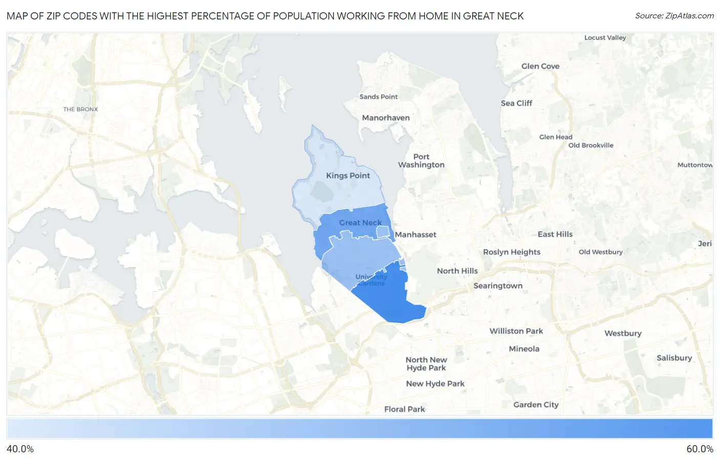 Zip Codes with the Highest Percentage of Population Working from Home in Great Neck Map