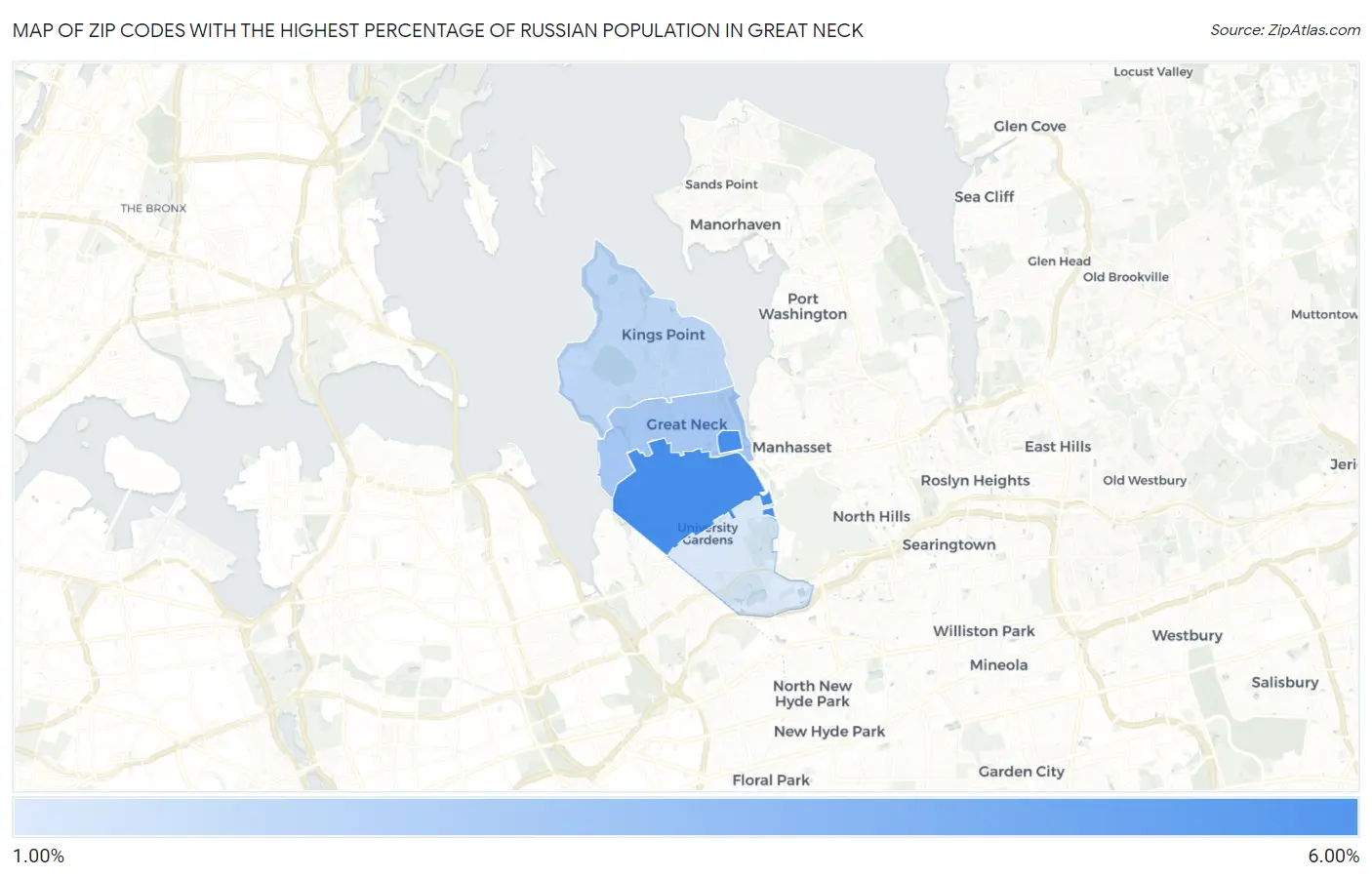 Zip Codes with the Highest Percentage of Russian Population in Great Neck Map
