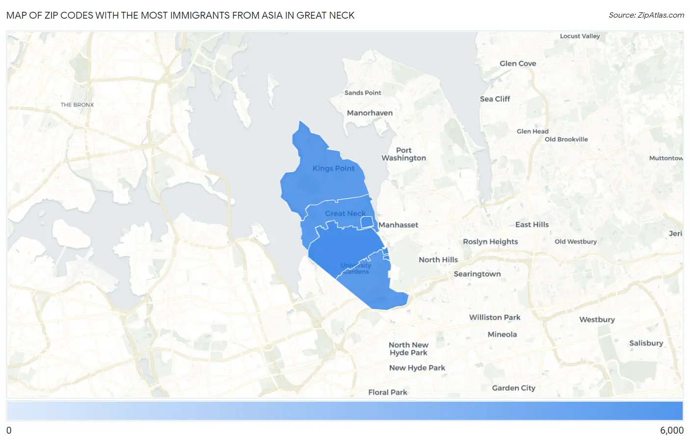 Zip Codes with the Most Immigrants from Asia in Great Neck Map