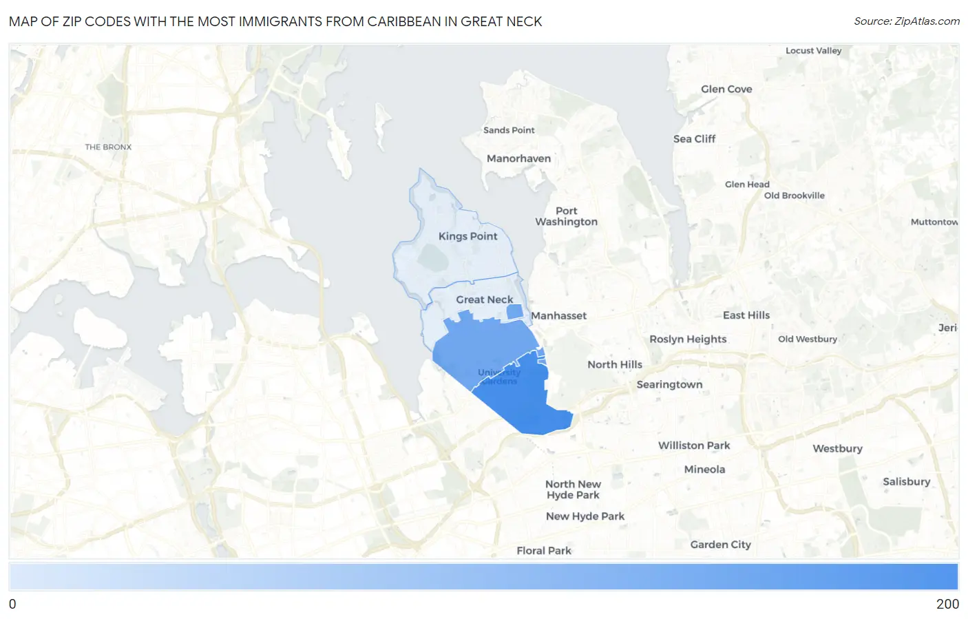 Zip Codes with the Most Immigrants from Caribbean in Great Neck Map