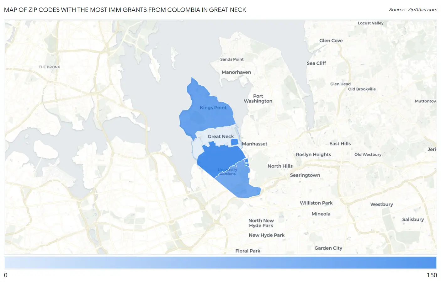 Zip Codes with the Most Immigrants from Colombia in Great Neck Map