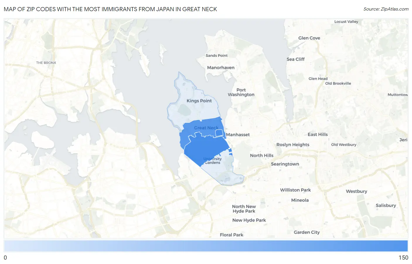 Zip Codes with the Most Immigrants from Japan in Great Neck Map