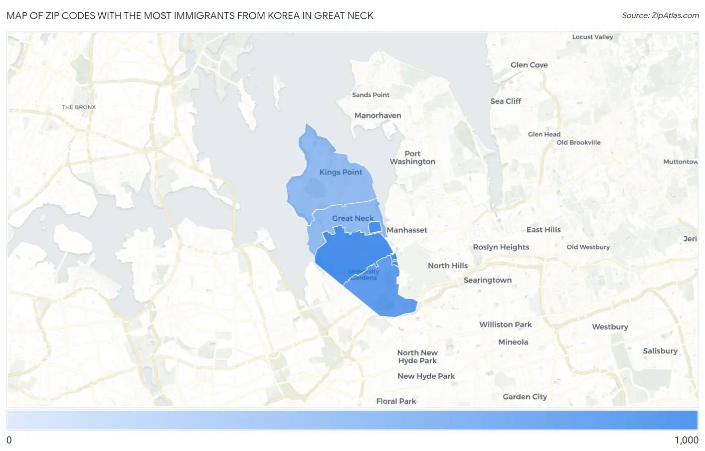 Zip Codes with the Most Immigrants from Korea in Great Neck Map