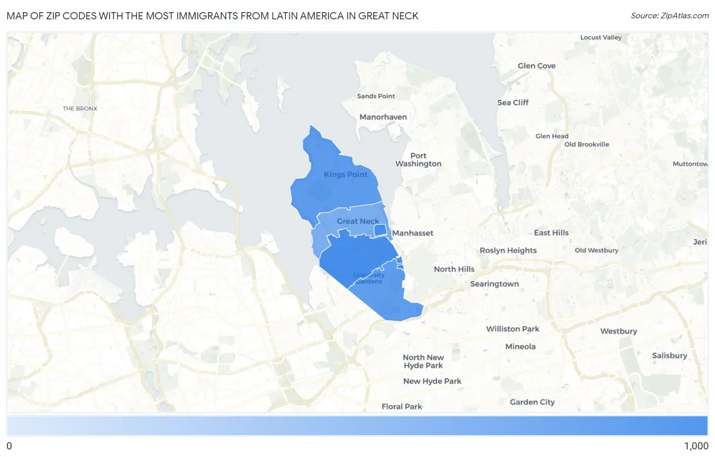 Zip Codes with the Most Immigrants from Latin America in Great Neck Map