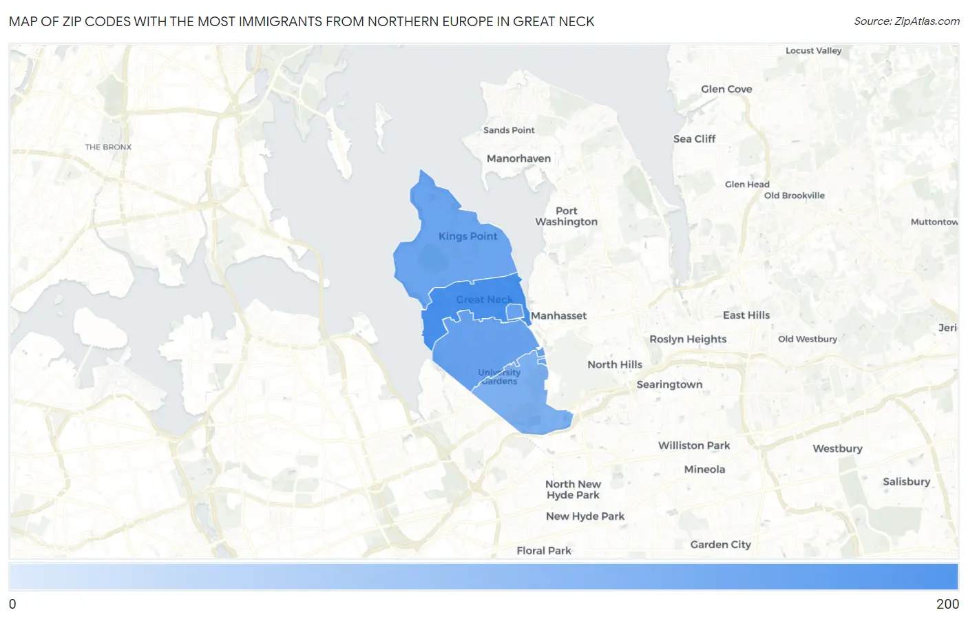 Zip Codes with the Most Immigrants from Northern Europe in Great Neck Map