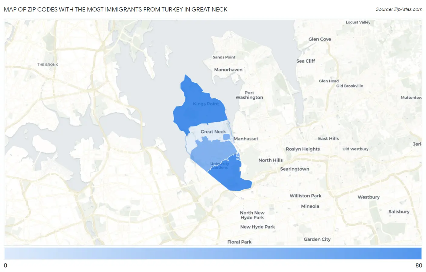 Zip Codes with the Most Immigrants from Turkey in Great Neck Map