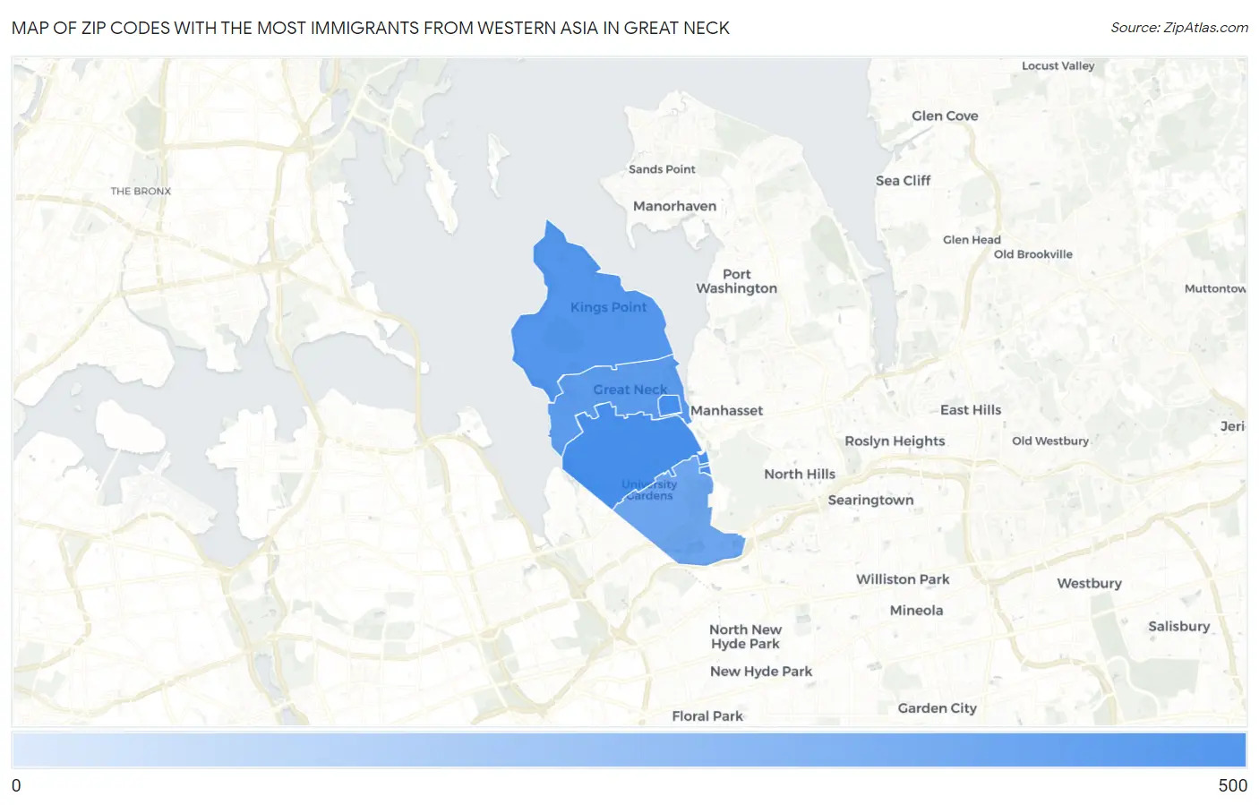Zip Codes with the Most Immigrants from Western Asia in Great Neck Map