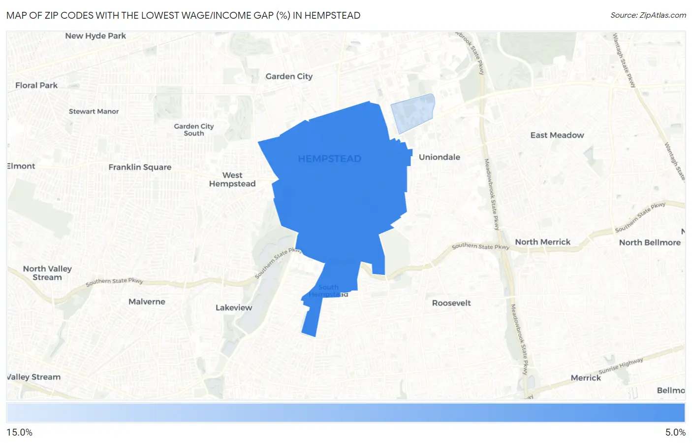 Zip Codes with the Lowest Wage/Income Gap (%) in Hempstead Map