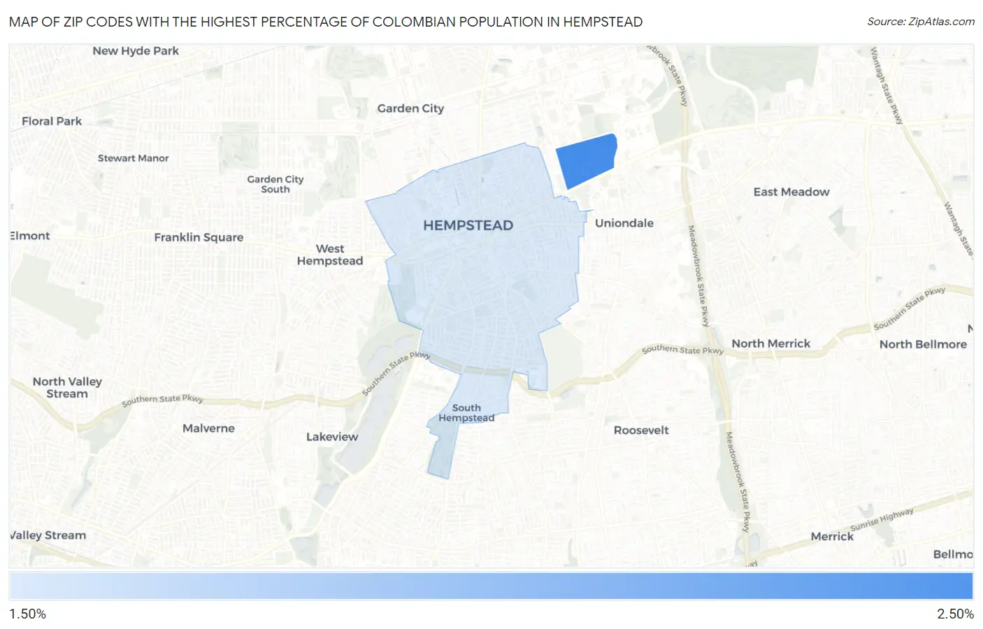 Zip Codes with the Highest Percentage of Colombian Population in Hempstead Map