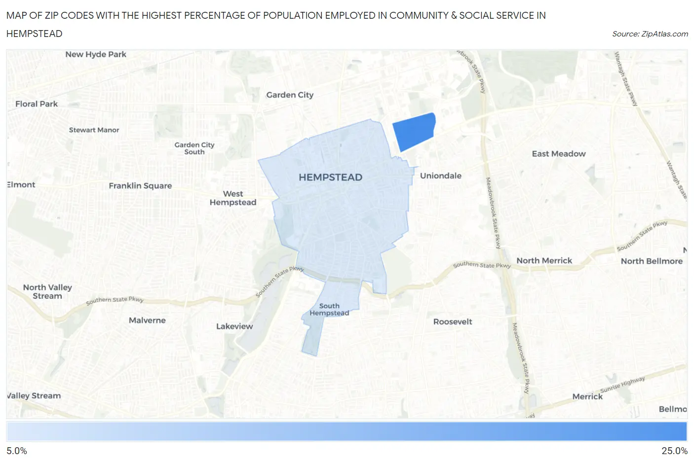 Zip Codes with the Highest Percentage of Population Employed in Community & Social Service  in Hempstead Map