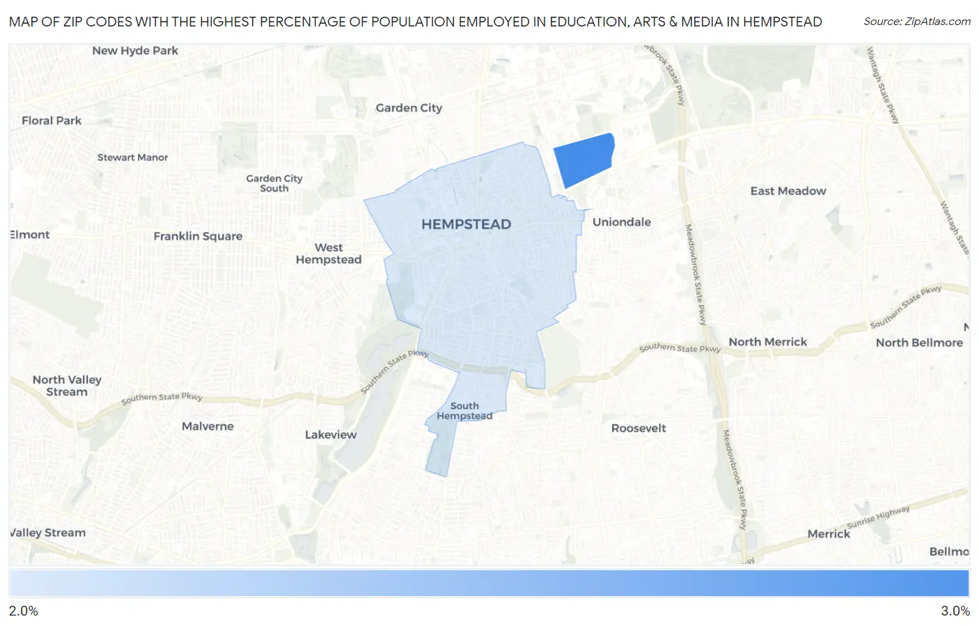 Zip Codes with the Highest Percentage of Population Employed in Education, Arts & Media in Hempstead Map