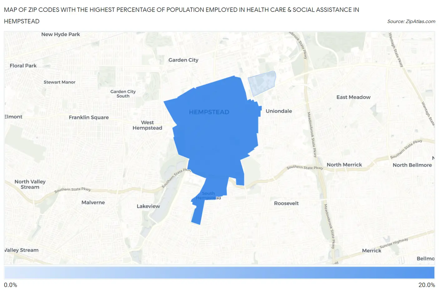 Zip Codes with the Highest Percentage of Population Employed in Health Care & Social Assistance in Hempstead Map