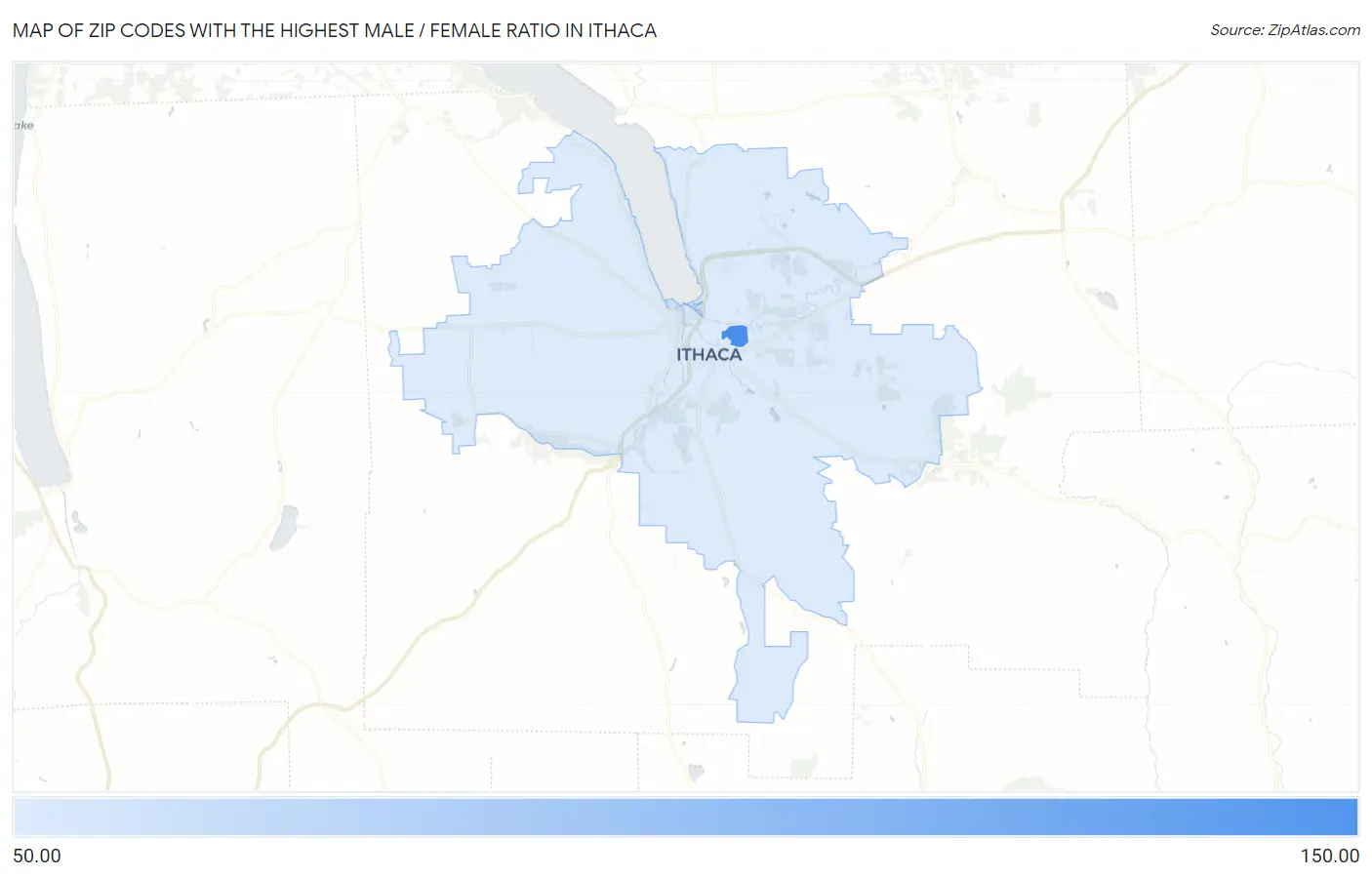 Zip Codes with the Highest Male / Female Ratio in Ithaca Map