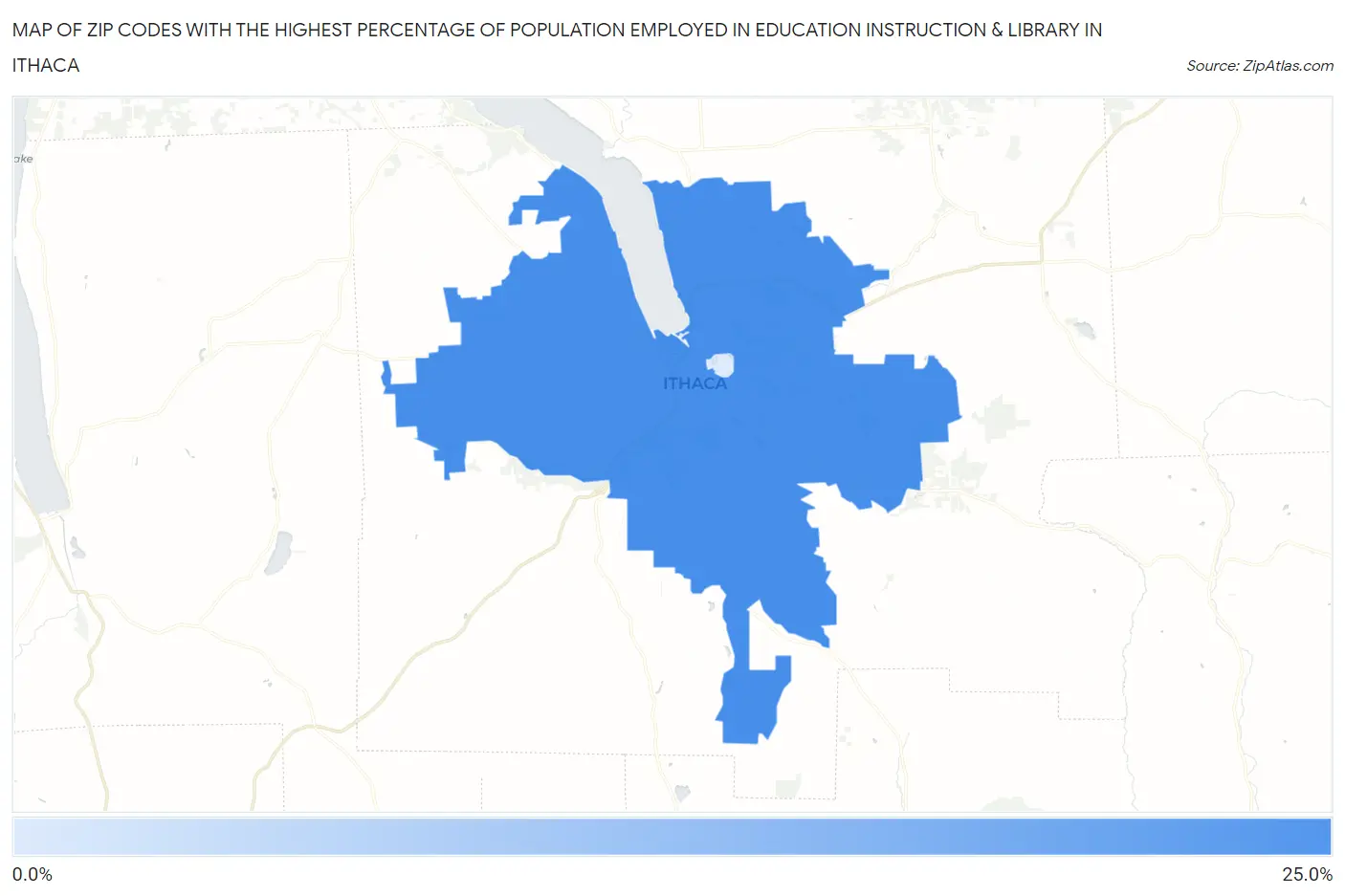 Zip Codes with the Highest Percentage of Population Employed in Education Instruction & Library in Ithaca Map
