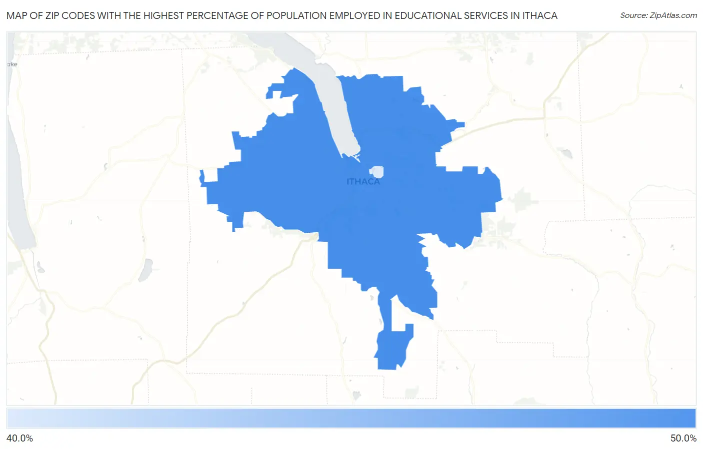 Zip Codes with the Highest Percentage of Population Employed in Educational Services in Ithaca Map