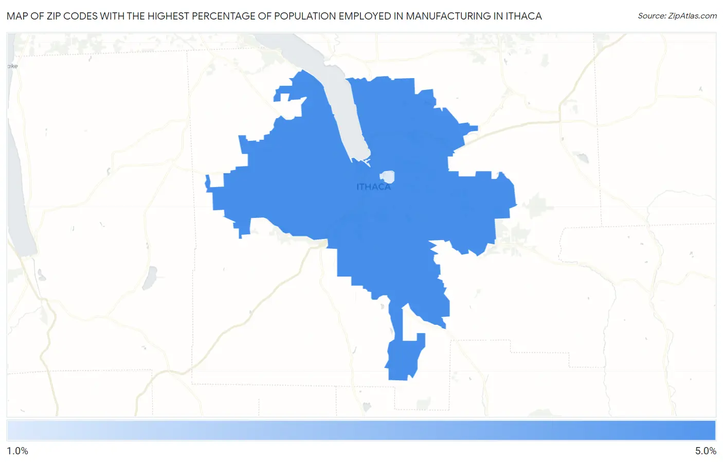 Zip Codes with the Highest Percentage of Population Employed in Manufacturing in Ithaca Map