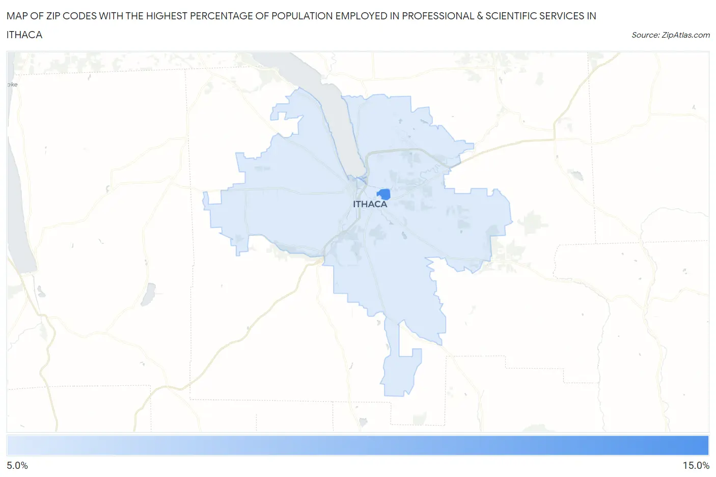 Zip Codes with the Highest Percentage of Population Employed in Professional & Scientific Services in Ithaca Map