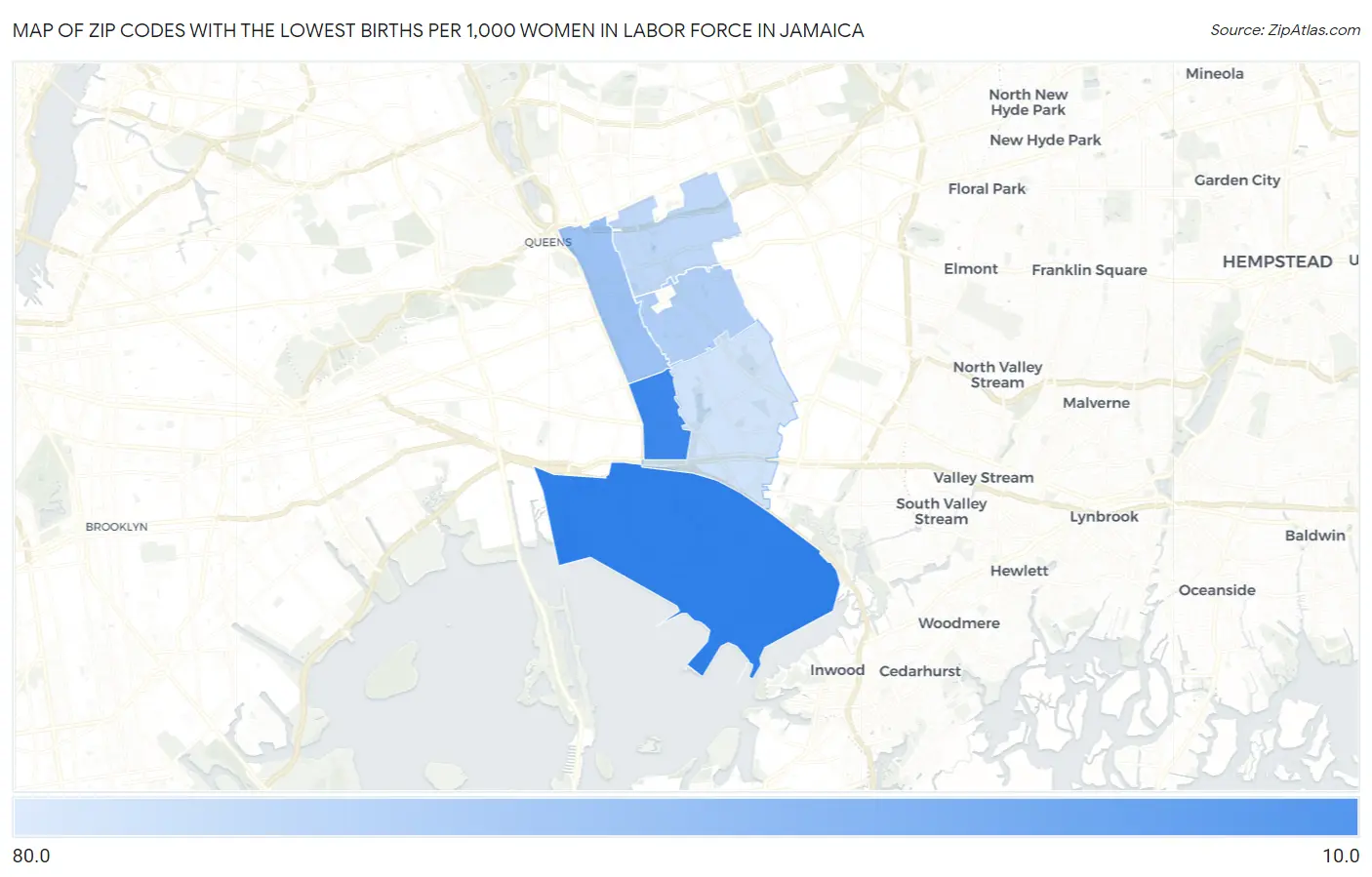 Zip Codes with the Lowest Births per 1,000 Women in Labor Force in Jamaica Map