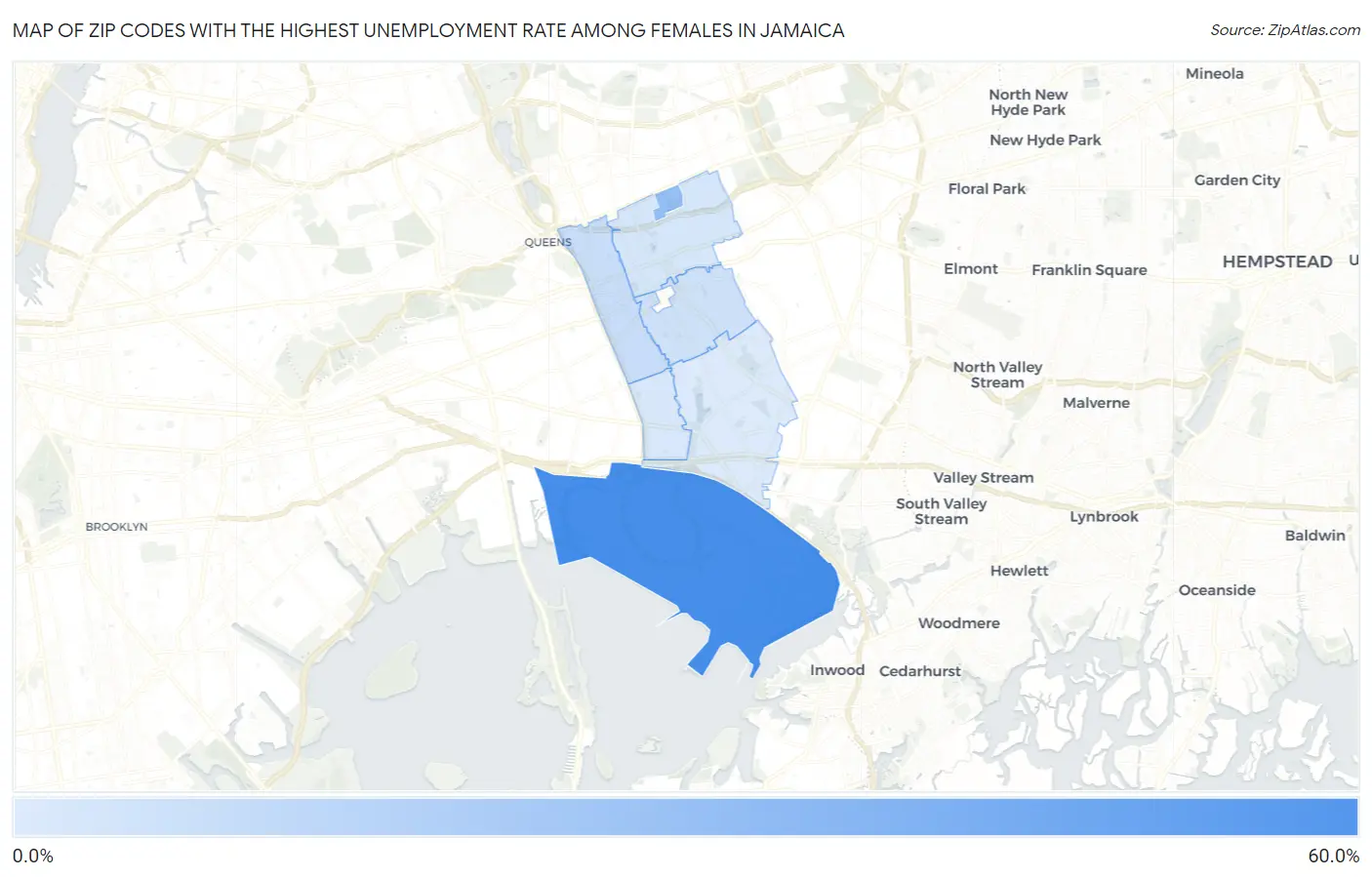 Zip Codes with the Highest Unemployment Rate Among Females in Jamaica Map