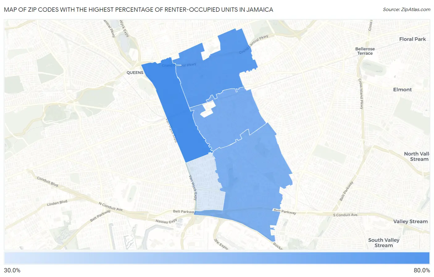 Zip Codes with the Highest Percentage of Renter-Occupied Units in Jamaica Map