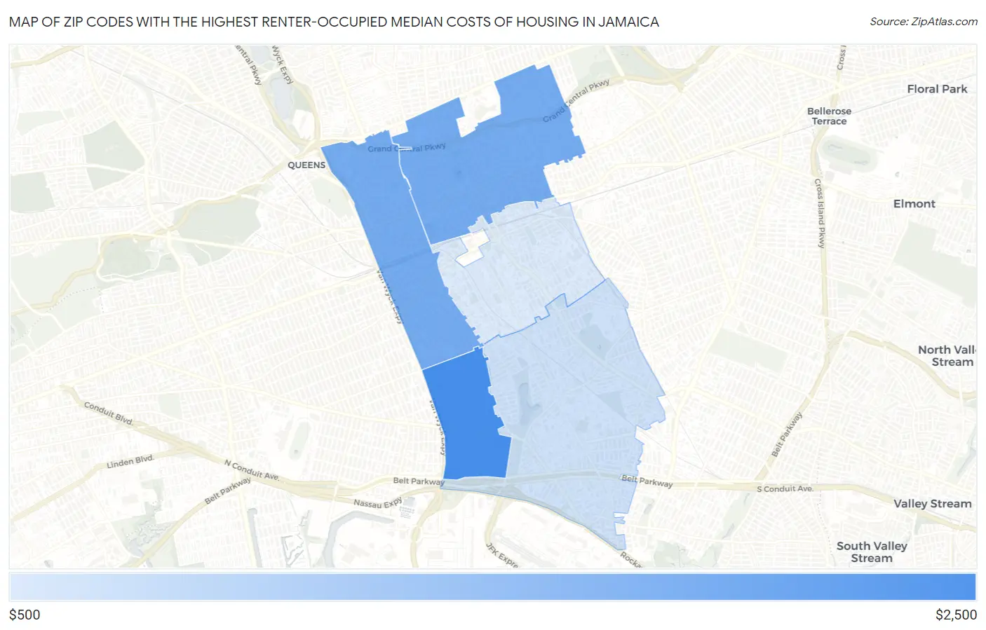Zip Codes with the Highest Renter-Occupied Median Costs of Housing in Jamaica Map