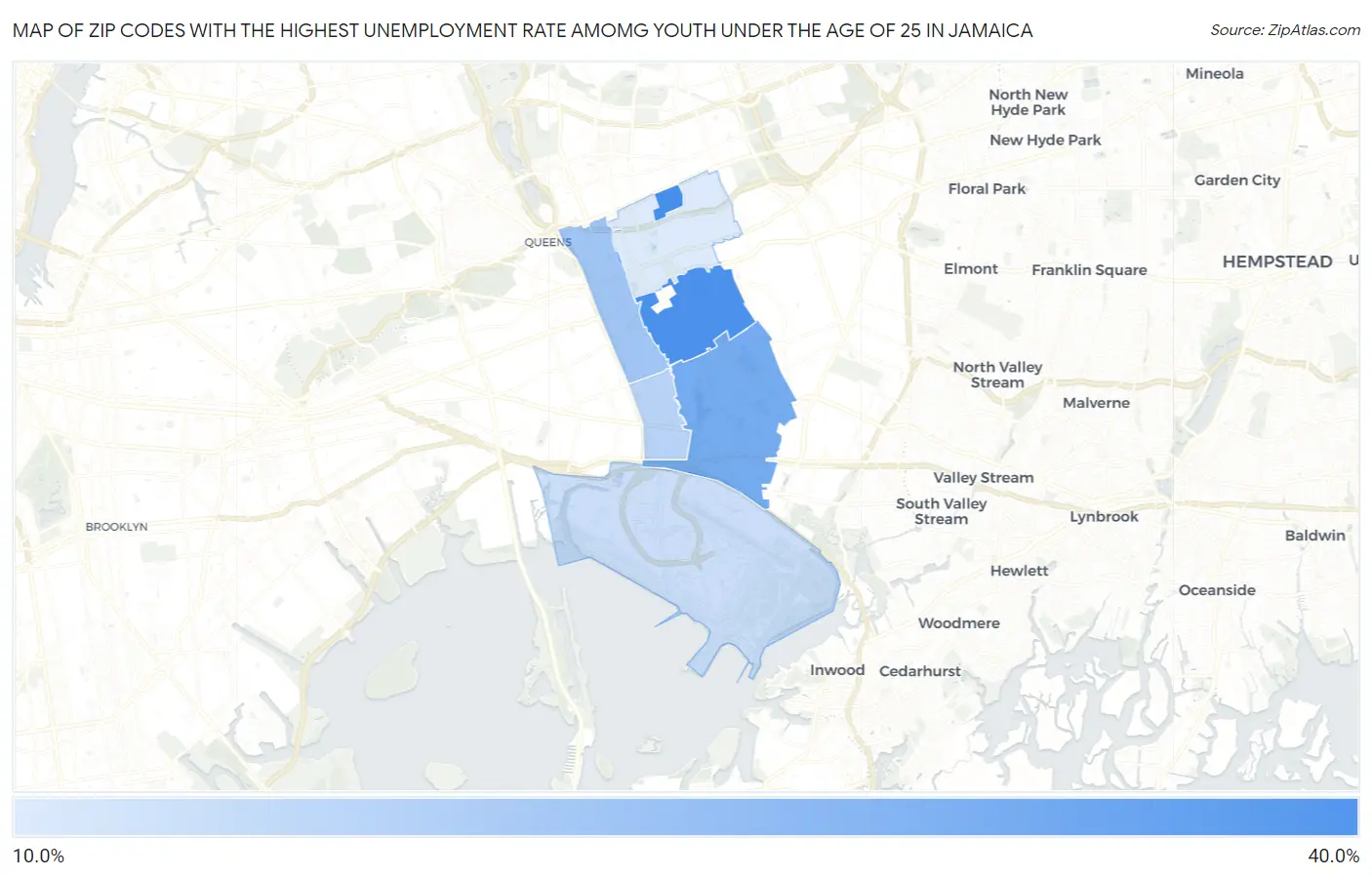 Zip Codes with the Highest Unemployment Rate Amomg Youth Under the Age of 25 in Jamaica Map