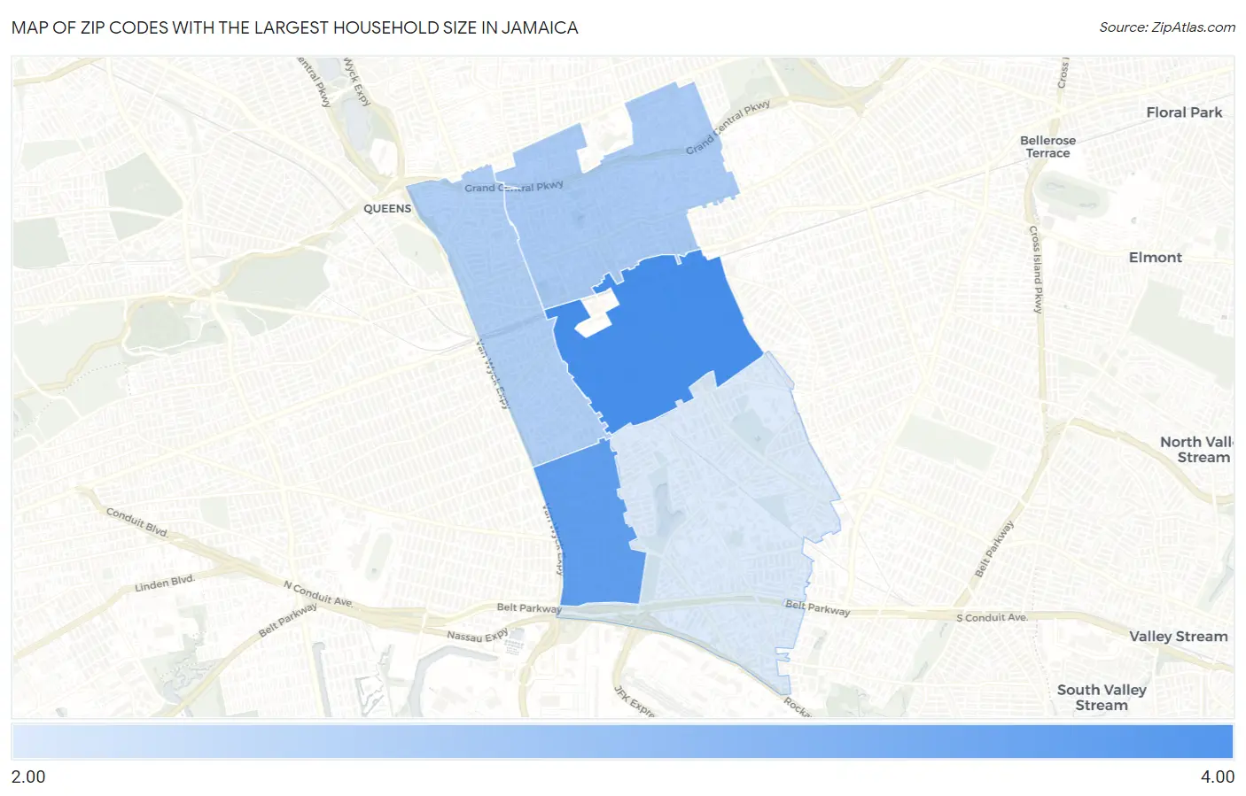 Zip Codes with the Largest Household Size in Jamaica Map