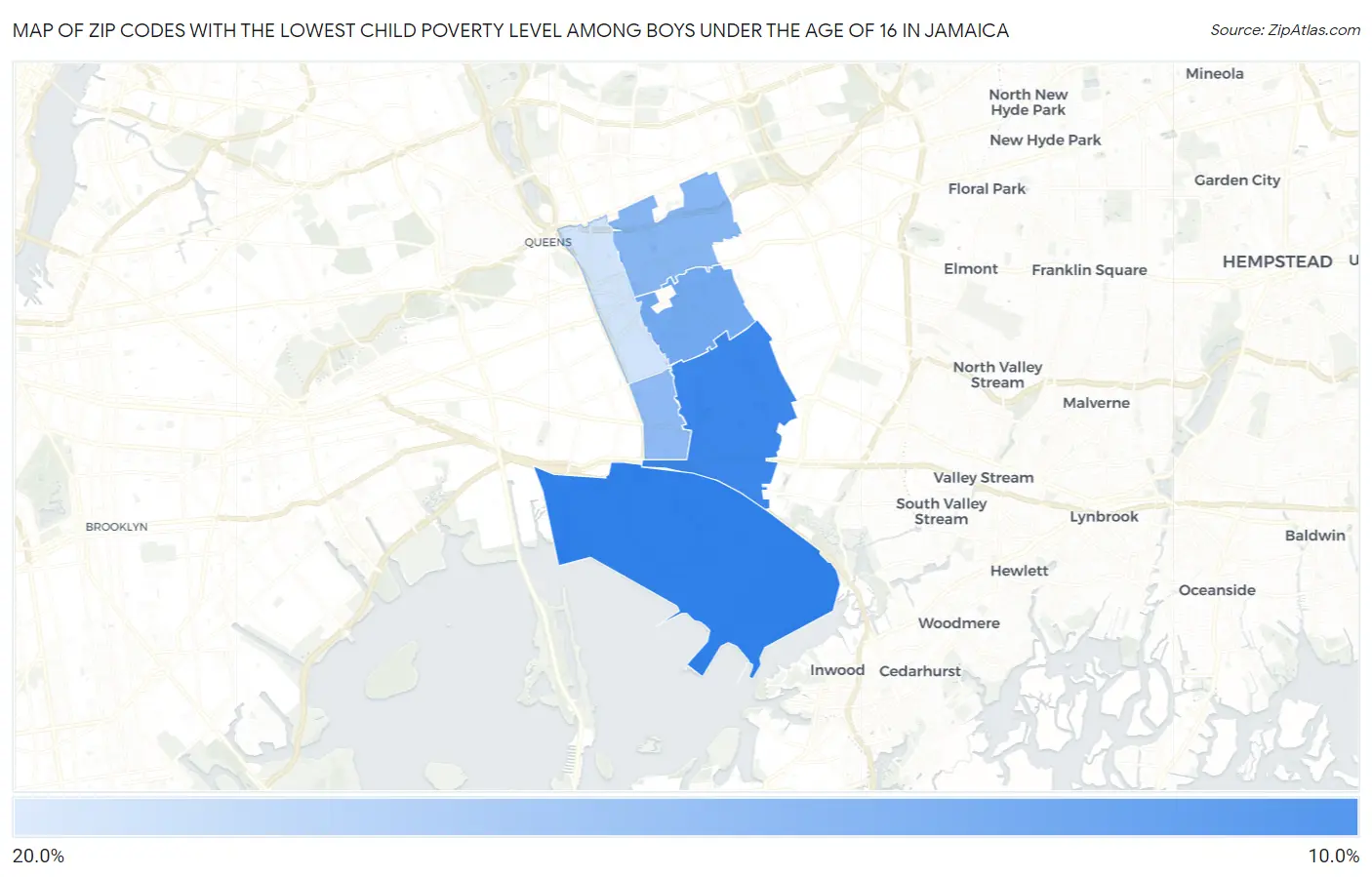Zip Codes with the Lowest Child Poverty Level Among Boys Under the Age of 16 in Jamaica Map