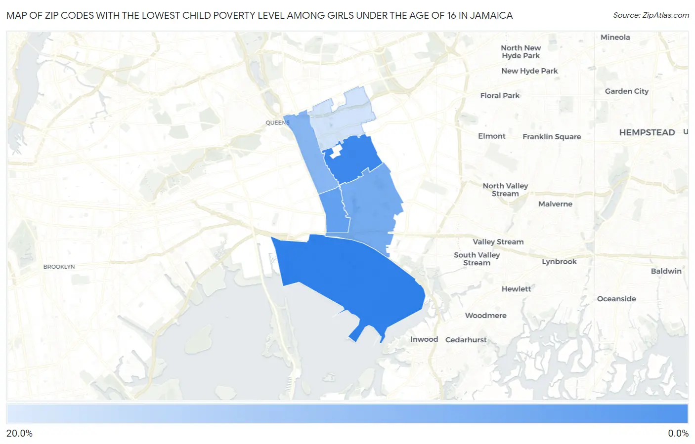 Zip Codes with the Lowest Child Poverty Level Among Girls Under the Age of 16 in Jamaica Map