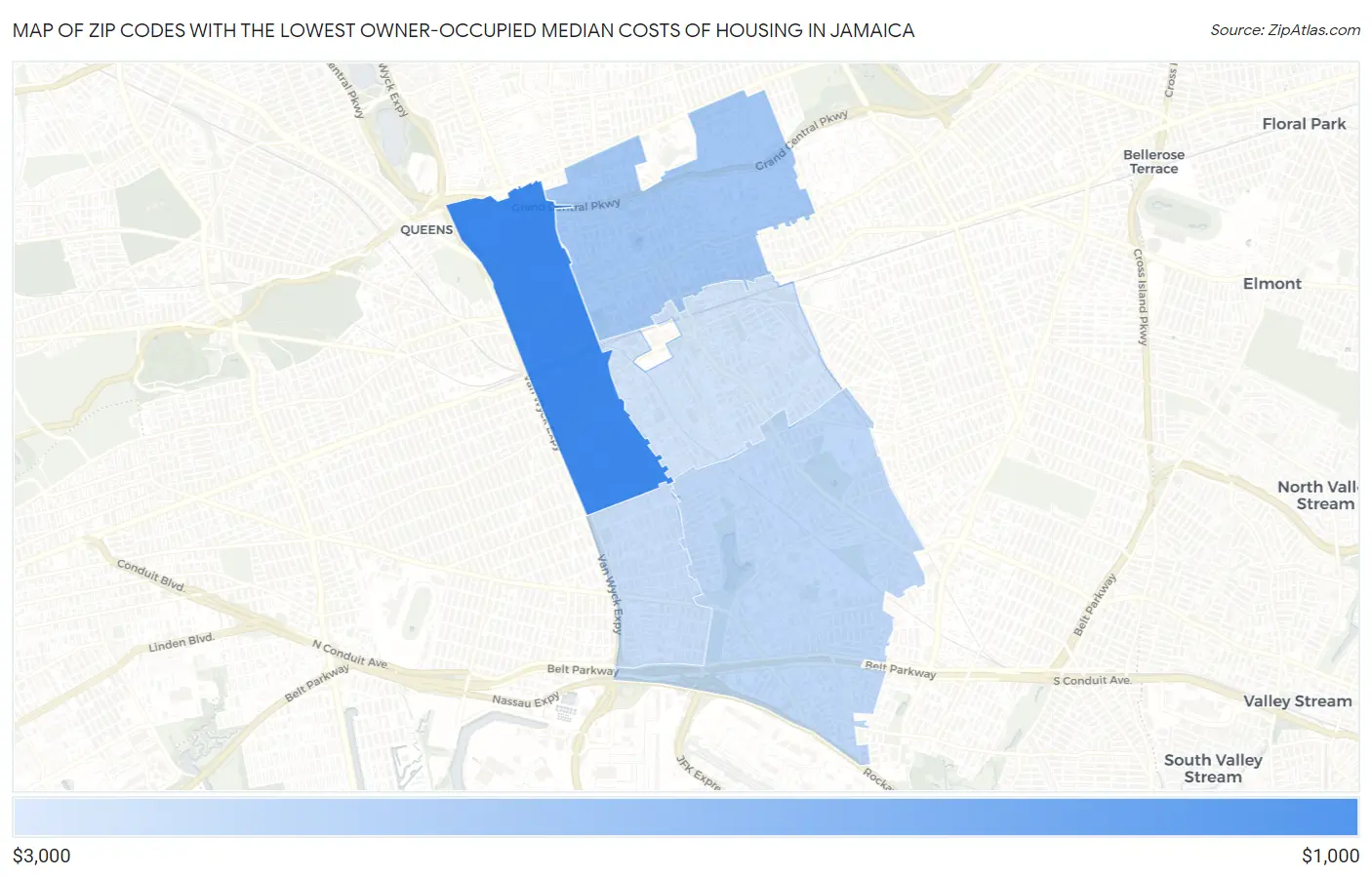 Zip Codes with the Lowest Owner-Occupied Median Costs of Housing in Jamaica Map