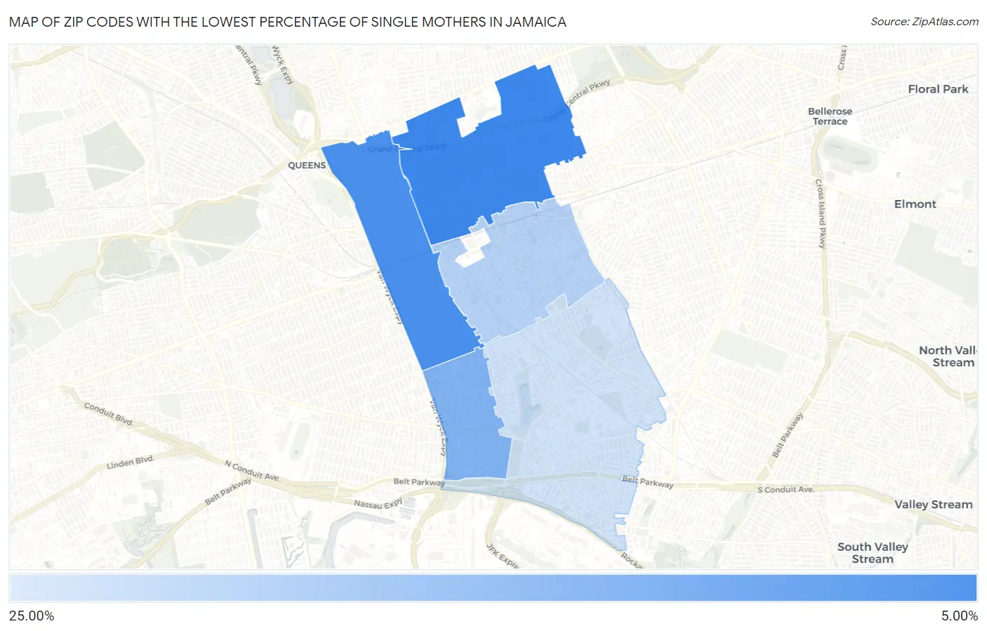 Zip Codes with the Lowest Percentage of Single Mothers in Jamaica Map