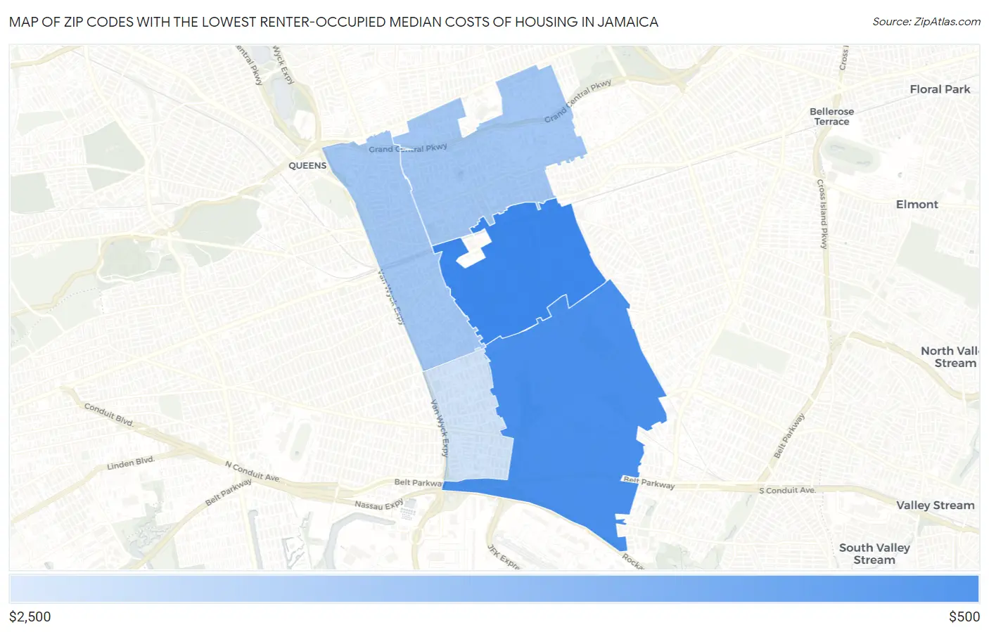 Zip Codes with the Lowest Renter-Occupied Median Costs of Housing in Jamaica Map