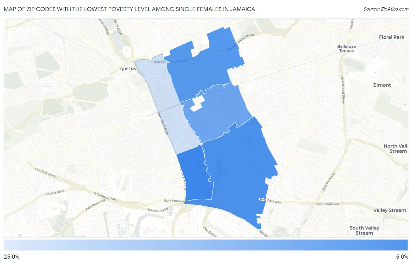 Zip Codes with the Lowest Poverty Level Among Single Females in Jamaica Map