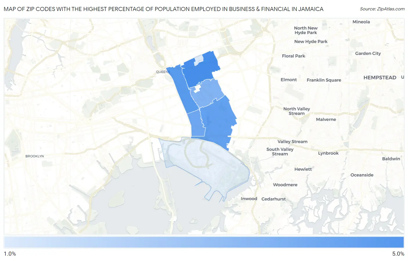 Zip Codes with the Highest Percentage of Population Employed in Business & Financial in Jamaica Map