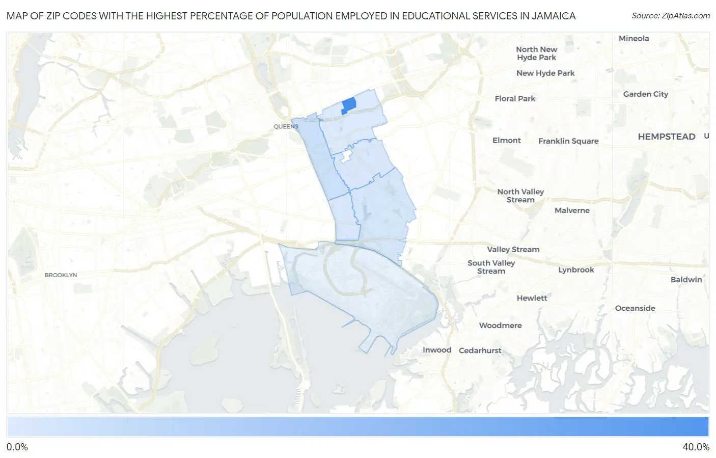Zip Codes with the Highest Percentage of Population Employed in Educational Services in Jamaica Map