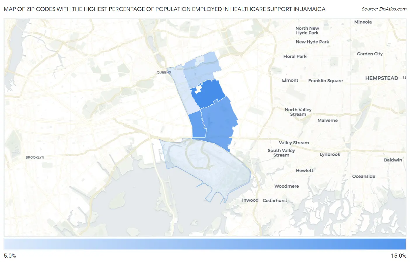 Zip Codes with the Highest Percentage of Population Employed in Healthcare Support in Jamaica Map