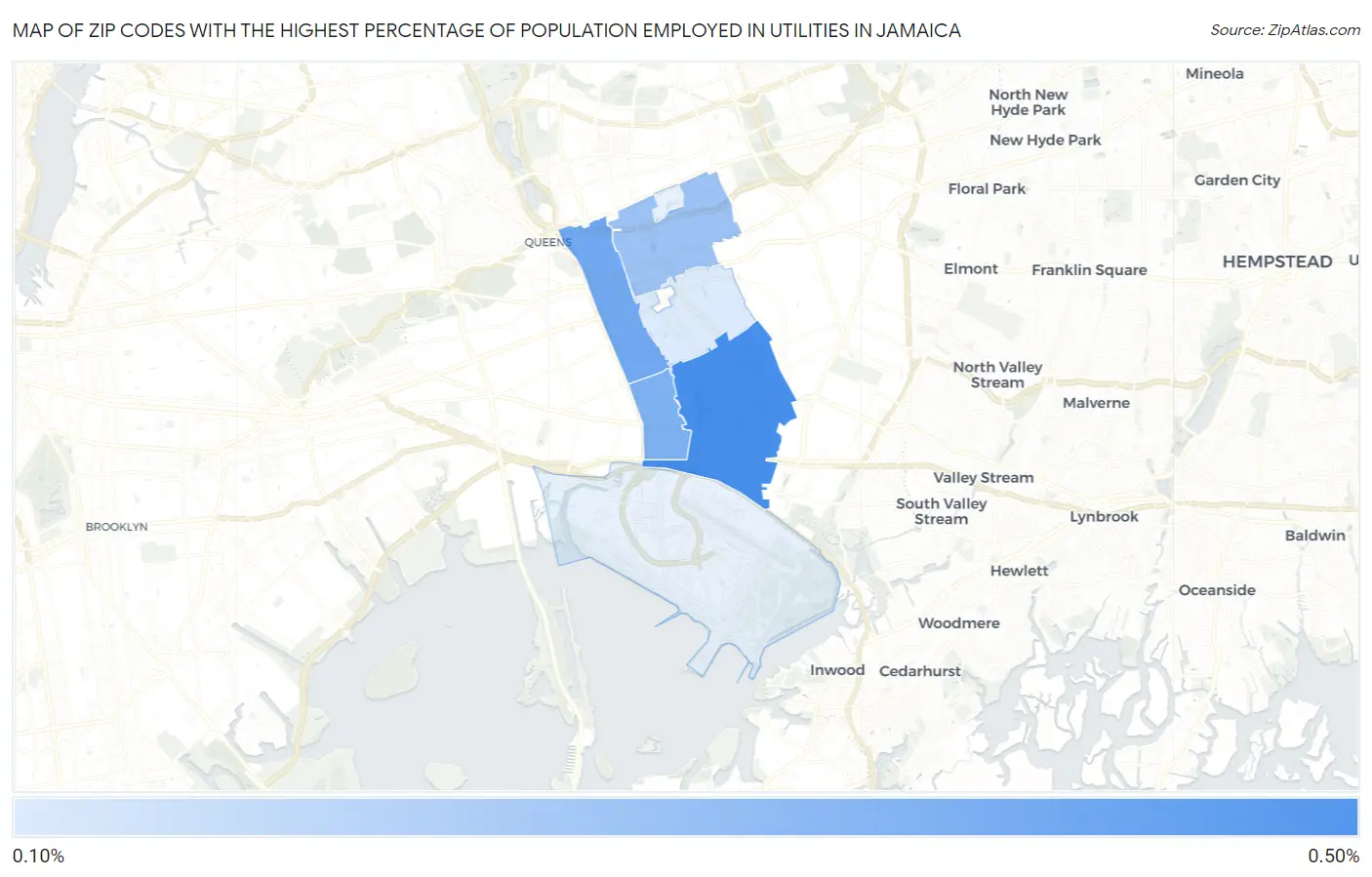 Zip Codes with the Highest Percentage of Population Employed in Utilities in Jamaica Map