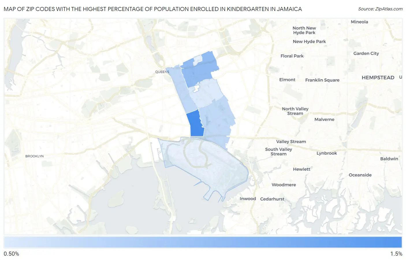 Zip Codes with the Highest Percentage of Population Enrolled in Kindergarten in Jamaica Map