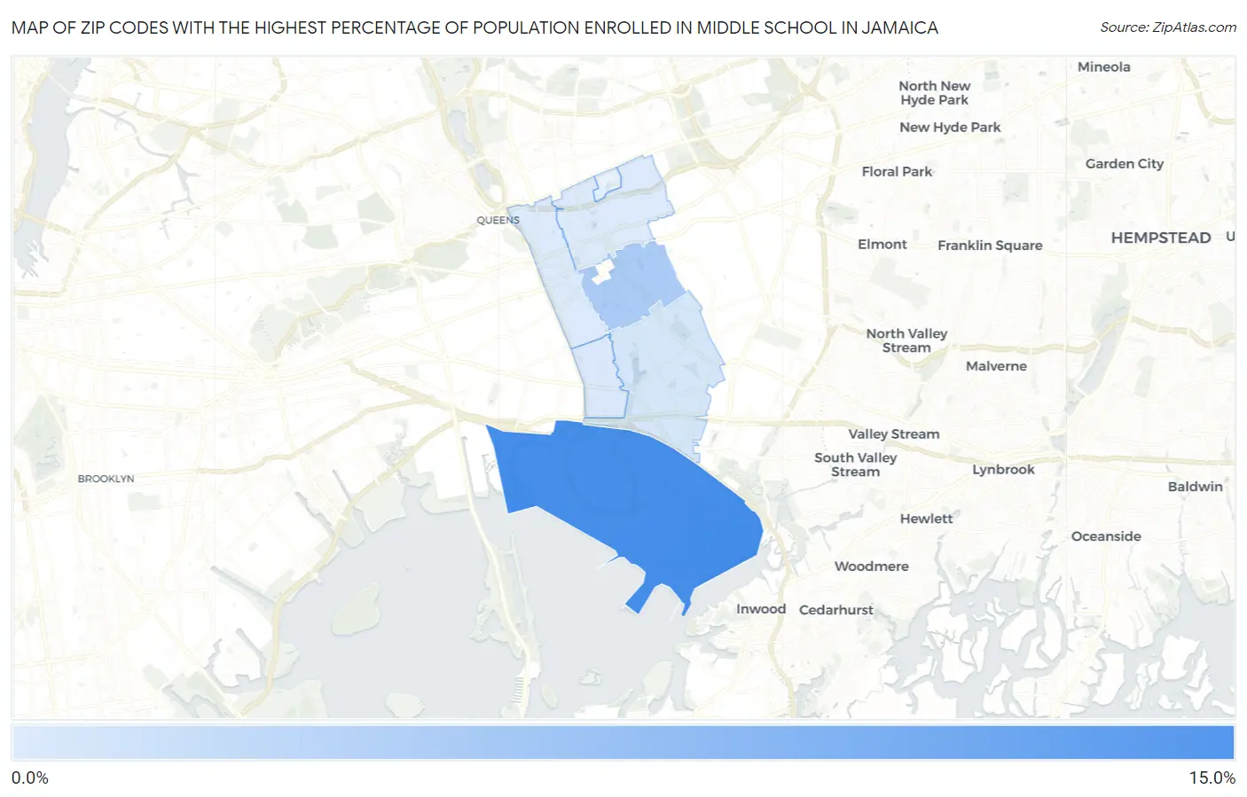 Zip Codes with the Highest Percentage of Population Enrolled in Middle School in Jamaica Map