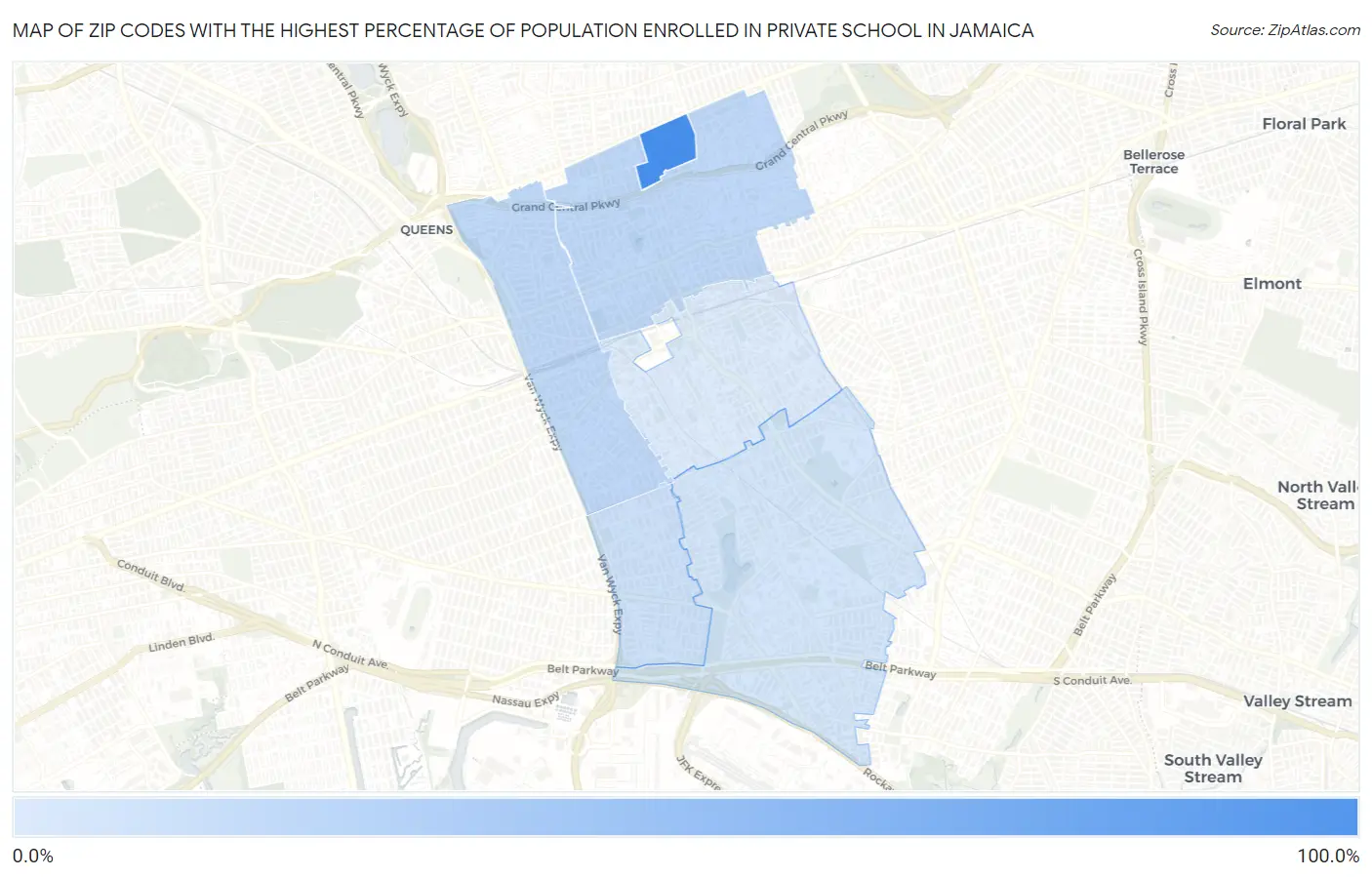 Zip Codes with the Highest Percentage of Population Enrolled in Private School in Jamaica Map