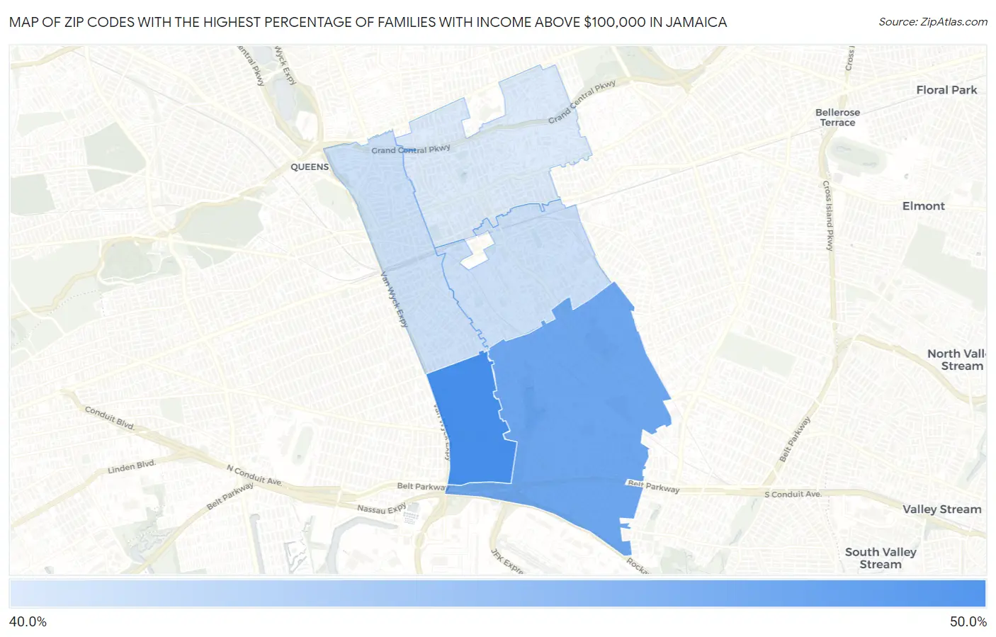 Zip Codes with the Highest Percentage of Families with Income Above $100,000 in Jamaica Map