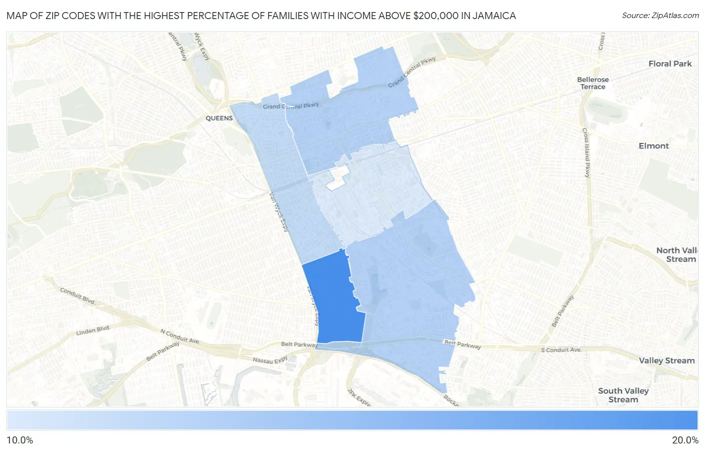 Zip Codes with the Highest Percentage of Families with Income Above $200,000 in Jamaica Map