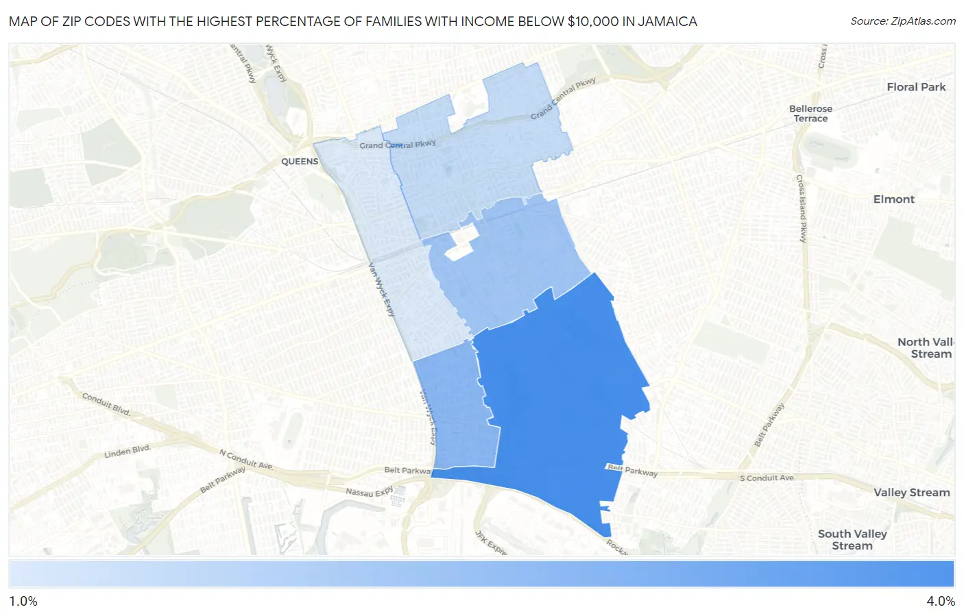 Zip Codes with the Highest Percentage of Families with Income Below $10,000 in Jamaica Map