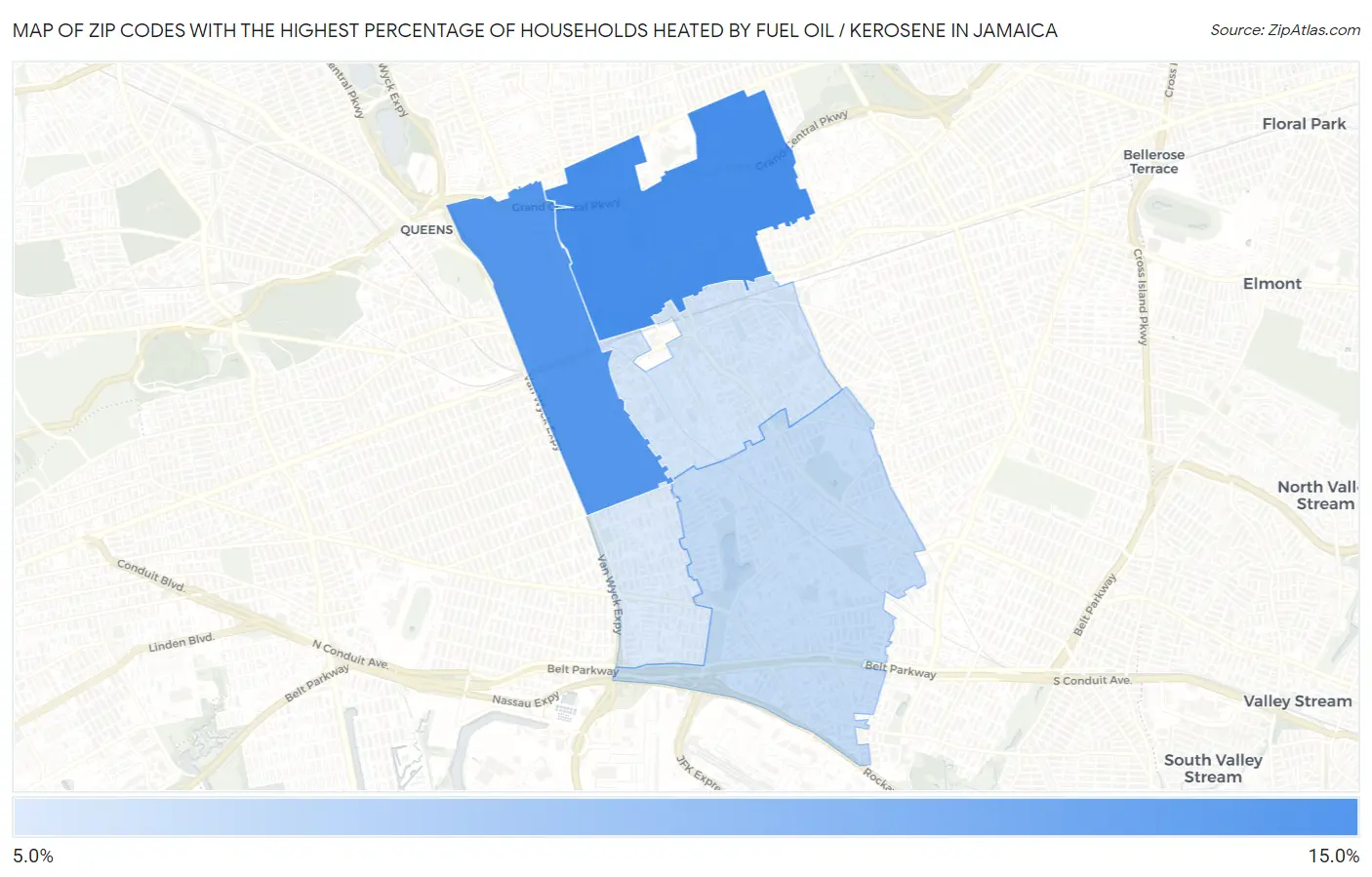 Zip Codes with the Highest Percentage of Households Heated by Fuel Oil / Kerosene in Jamaica Map