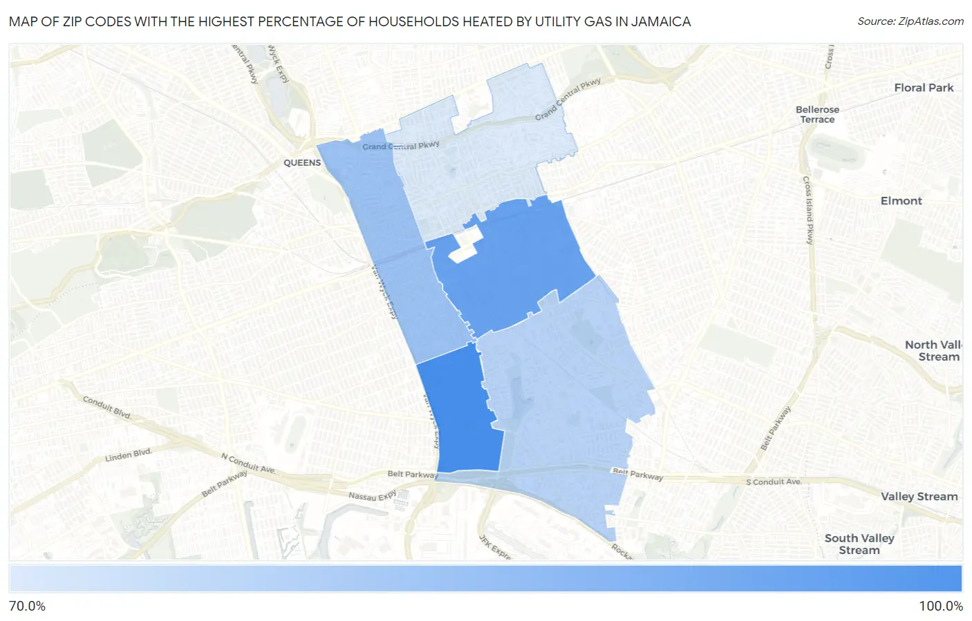 Zip Codes with the Highest Percentage of Households Heated by Utility Gas in Jamaica Map